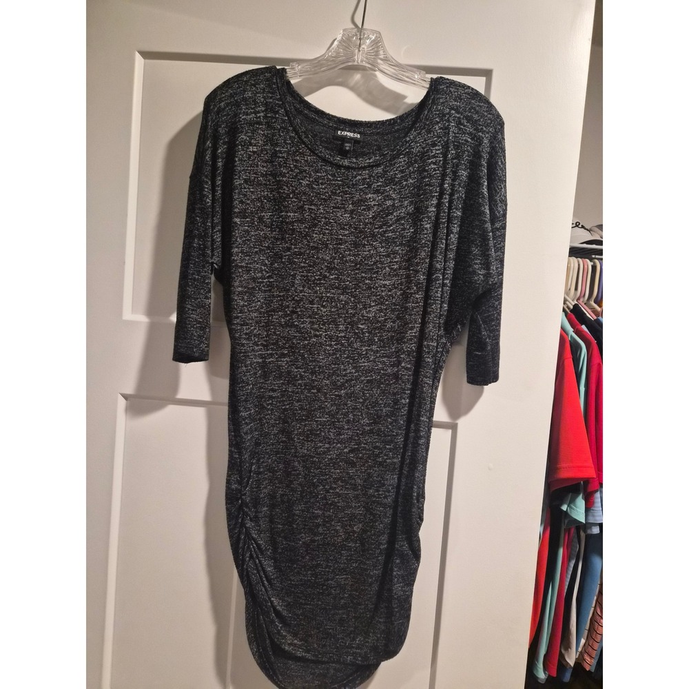 Express Womens Marled Knit Ruched Bodycon Dress Gray Black Dolman Sleeve XS